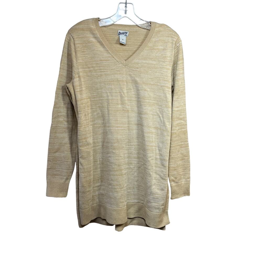 Tunic Sweater Womens Medium Beige Duluth Trading Shiftless V-Neck Stretch Marled